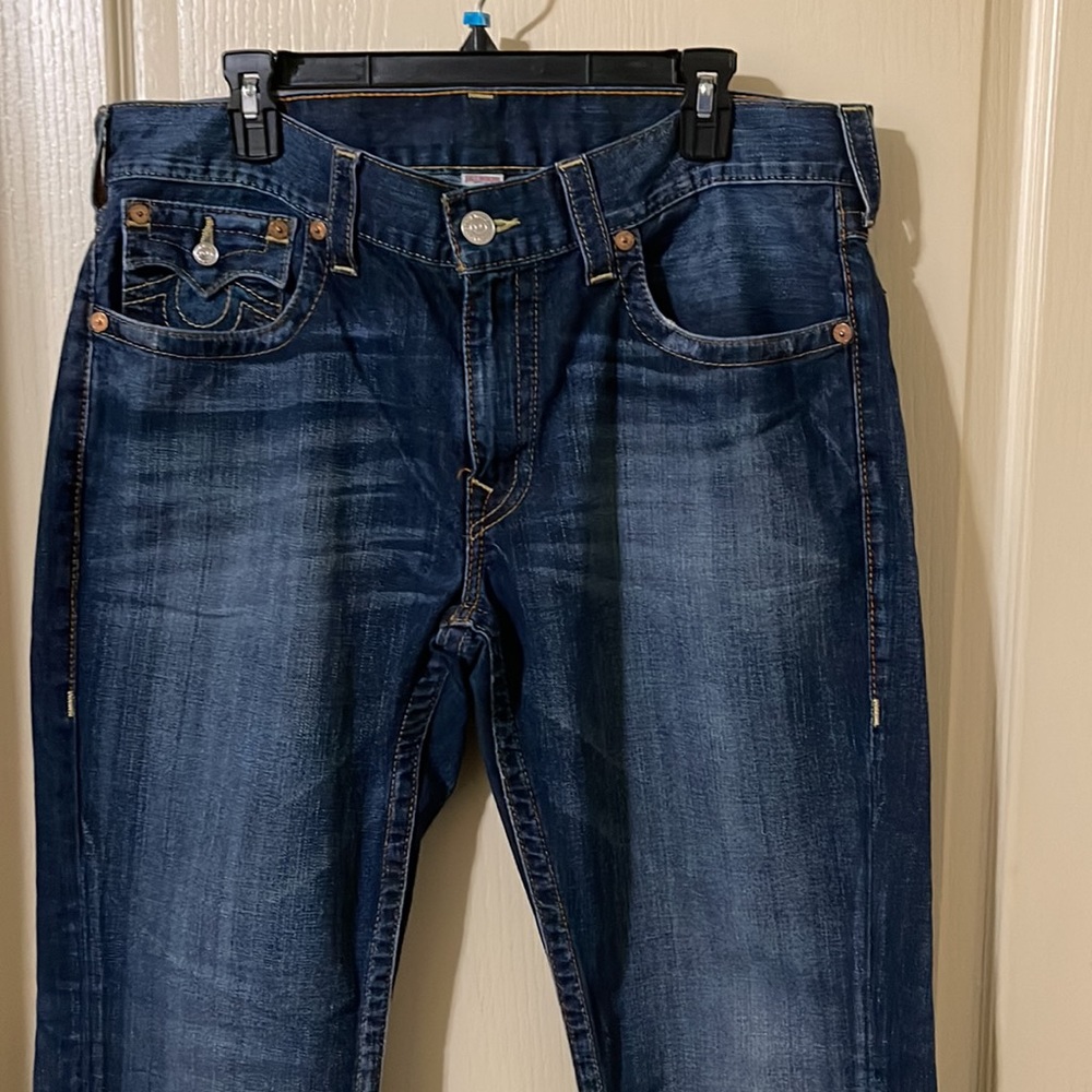 Men’s True Religion Jeans with flap back pockets, color blue, size 36 x 33